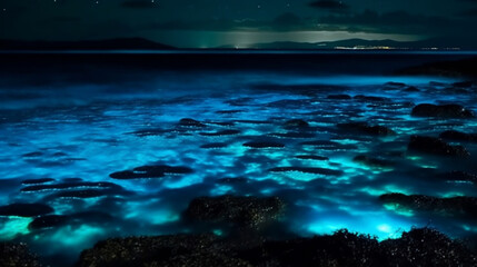 A beautiful bioluminescent ocean with glowing plankton under a stunning sky. Generative AI.