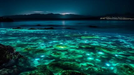 A beautiful bioluminescent ocean with glowing plankton under a stunning sky. Generative AI.