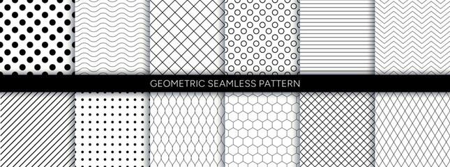 Vector collection of minimalist geometric seamless patterns with dot, line, square. Polka dot, wavy, zigzag, diamond, diagonal, hexagonal repeat background.
