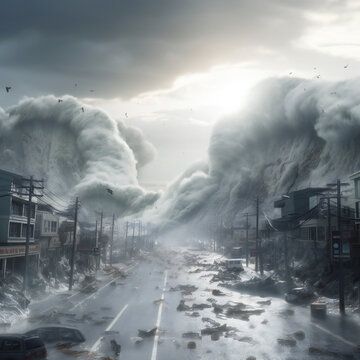 Devastating Flood Wave In City Street Illustration - Generative A.I. Art