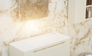 Spacious bathroom in gray tones with heated floors, freestanding tub. 3D rendering.. Sunset.
