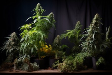 Naklejka na ściany i meble Cannabis 3 plants Growth Process: A Stunning Photographic Series Documenting the Journey of Three Marijuana Plants from Sprout to Fully Grown - Essential Stock Image for Cannabis Enthusiasts