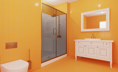 Stylish bathroom: modern design with yellow ceramic tiles. 3D rendering.