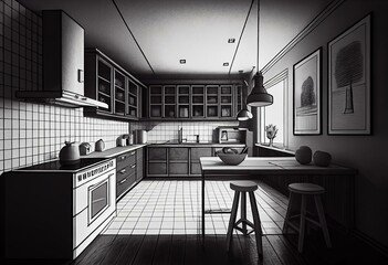 Black and white pencil sketch of a minimal kitchen, interior design background, generative AI