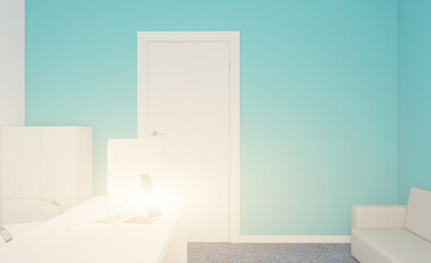 Office with wooden furniture and blue walls. Sunset.. 3D rendering.
