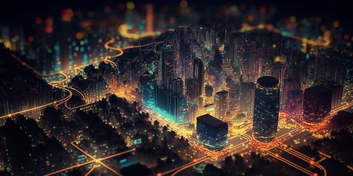 High tech data network color grids over miniature cityscape with cinematic coloring. Based on Generative AI