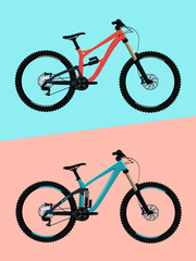 A set of two mountain bikes, enduro, downhill bikes. Side view of racing bikes. Extreme sports. cross-country bicycle. Vector illustration. bicycle two-suspension.
