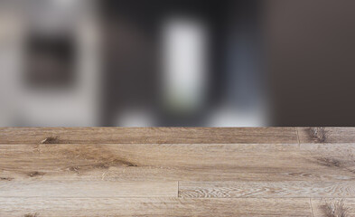 Modern bathroom including bath and sink. 3D rendering., Background with empty wooden table. Flooring.