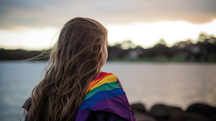 Girl with a cape with the LGBT colors looking at the forest.