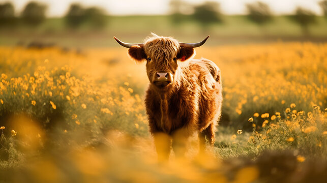 fluffy cow in beautiful plain field - Powered by Adobe