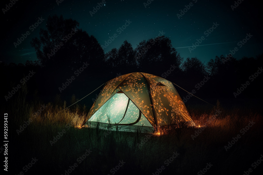 Aufkleber trip concept - illustration of a luminated tent in the moddile of a field at night. generative ai