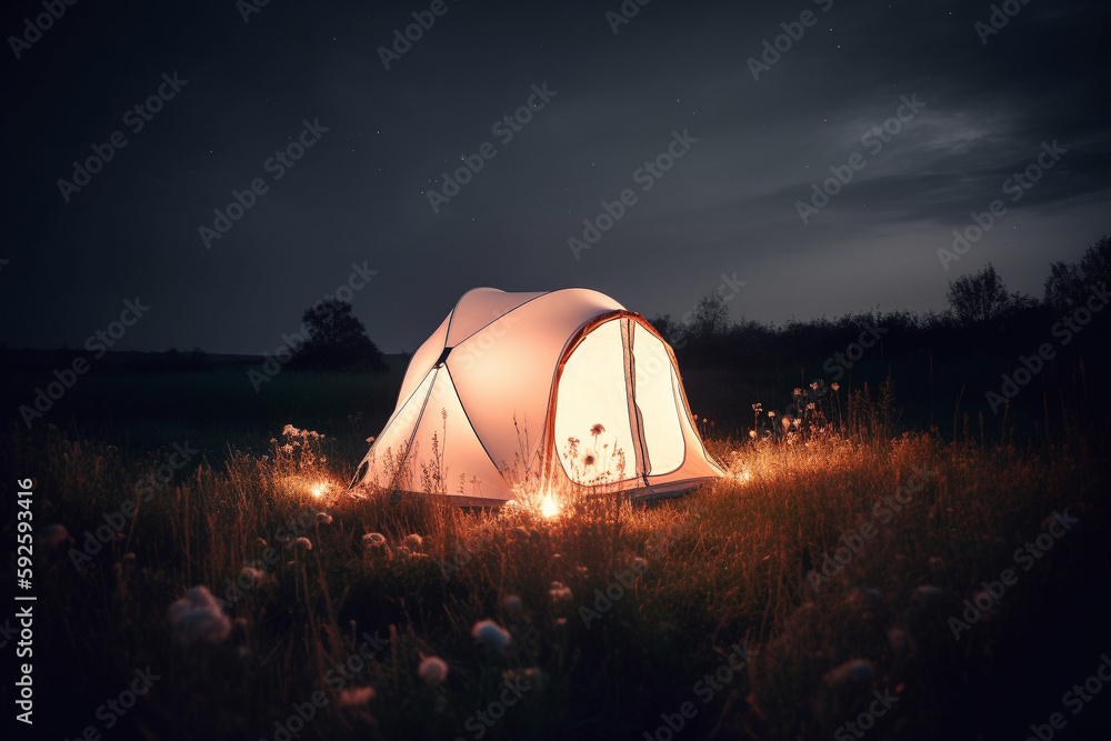 Poster trip concept - illustration of a luminated tent in the moddile of a field at night. generative ai