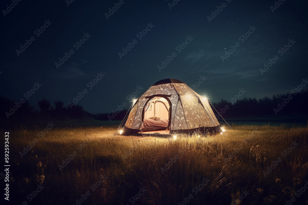 Poster trip concept - illustration of a luminated tent in the moddile of a field at night. generative ai