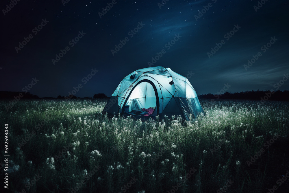 Poster trip concept - illustration of a luminated tent in the moddile of a field at night. generative ai