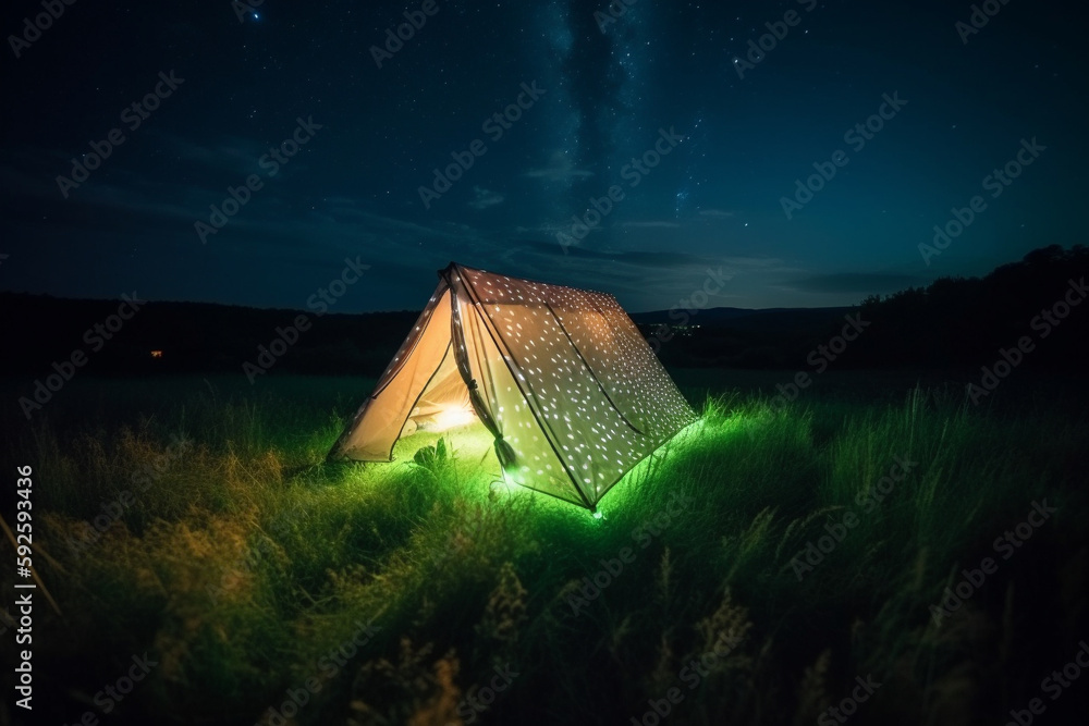 Aufkleber trip concept - illustration of a luminated tent in the moddile of a field at night. generative ai