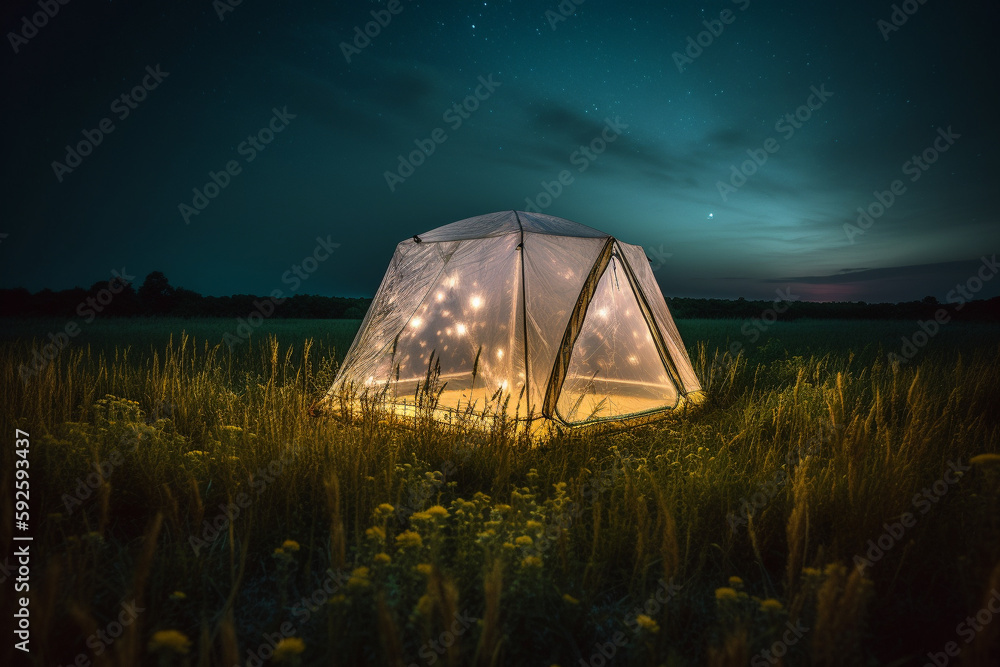 Poster trip concept - illustration of a luminated tent in the moddile of a field at night. generative ai
