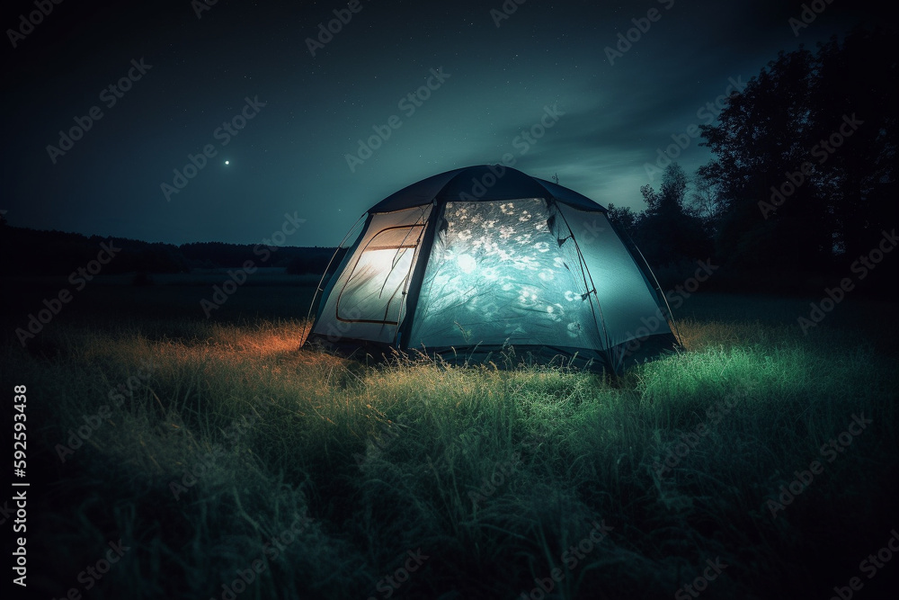Poster trip concept - illustration of a luminated tent in the moddile of a field at night. generative ai