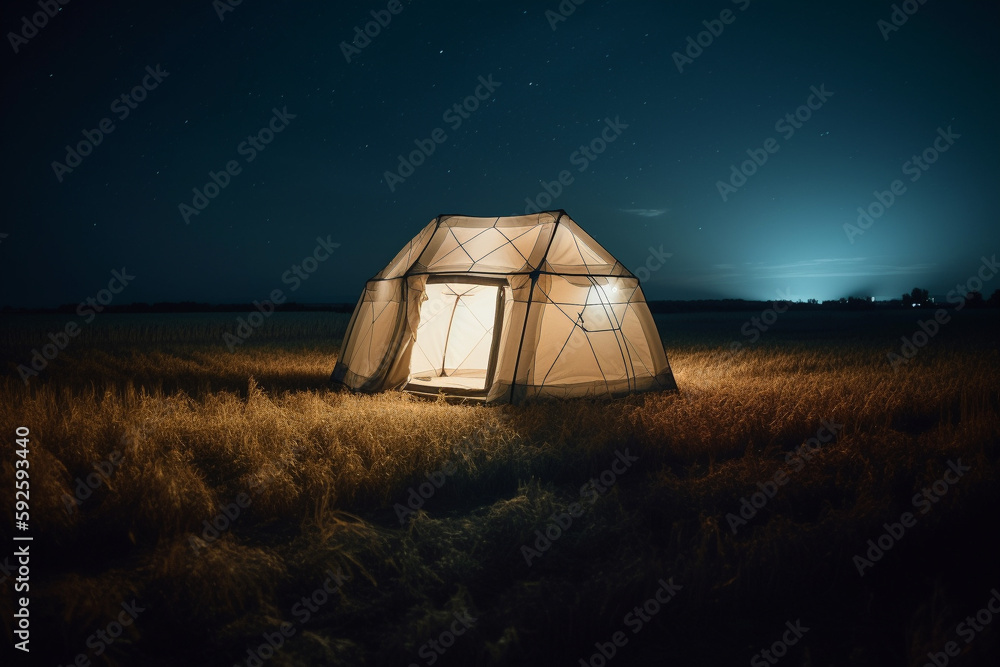 Poster trip concept - illustration of a luminated tent in the moddile of a field at night. generative ai