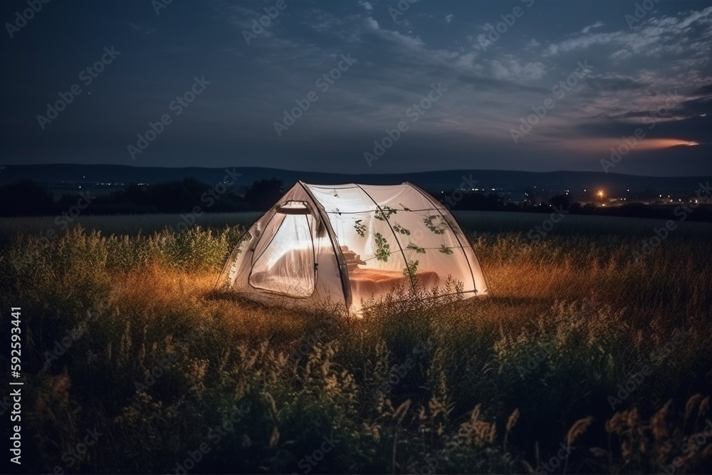 Poster trip concept - illustration of a luminated tent in the moddile of a field at night. generative ai