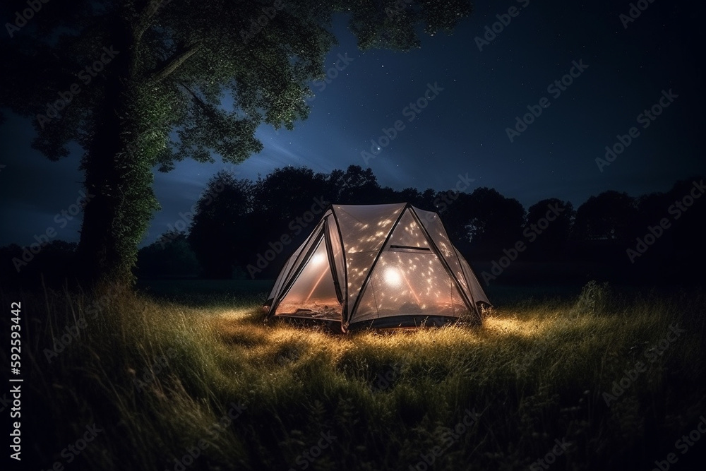 Aufkleber trip concept - illustration of a luminated tent in the moddile of a field at night. generative ai