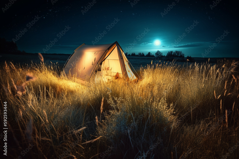 Aufkleber trip concept - illustration of a luminated tent in the moddile of a field at night. generative ai