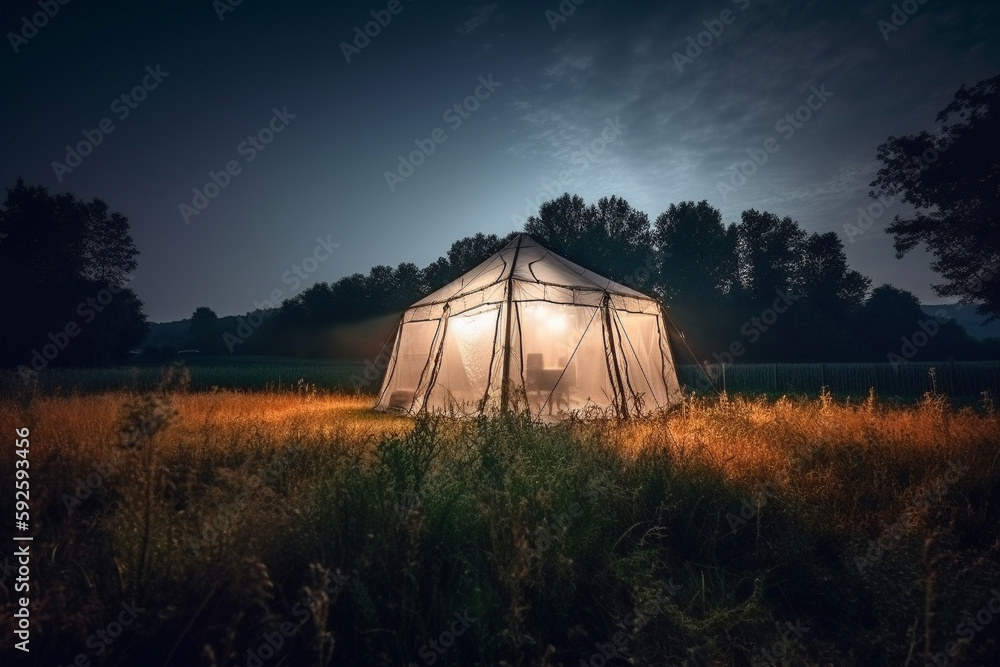 Aufkleber trip concept - illustration of a luminated tent in the moddile of a field at night. generative ai