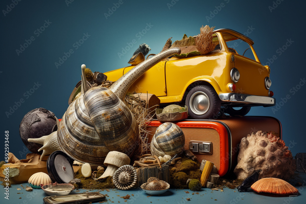 Poster abstract conceptual surreal collage of a summer vacation theme with a snail shell and a suitcase. ge