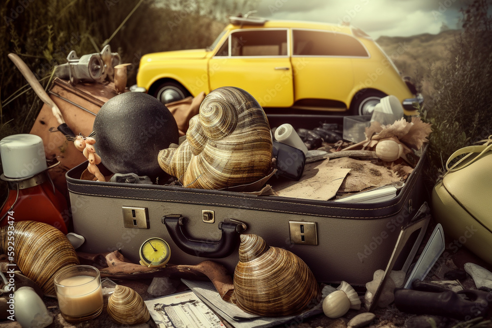 Poster abstract conceptual surreal collage of a summer vacation theme with a snail shell and a suitcase. ge