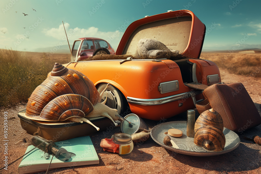 Poster abstract conceptual surreal collage of a summer vacation theme with a snail shell and a suitcase. ge