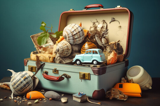 Abstract conceptual surreal collage of a summer vacation theme with a snail shell and a suitcase. Generative AI
