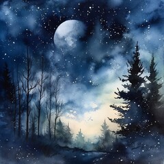 landscape with moon and stars watercolor style, Generative AI