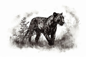 Hand drawn ink illustration of a black panther in its natural habitat. Generative AI.