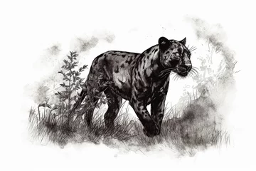 Foto op Plexiglas Hand drawn ink illustration of a black panther in its natural habitat. Generative AI. © Mihai Zaharia