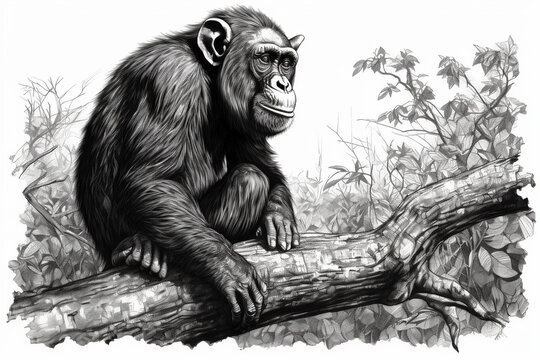 Hand drawn ink illustration of a chimpanzee in its natural habitat. Generative AI.