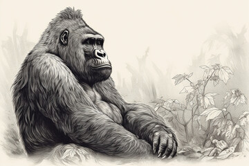 Hand drawn ink illustration of a gorilla in its natural habitat. Generative AI.