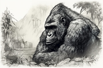 Hand drawn ink illustration of a gorilla in its natural habitat. Generative AI.