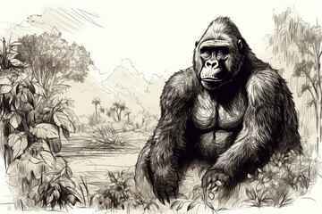 Hand drawn ink illustration of a gorilla in its natural habitat. Generative AI.