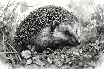 Fototapeta premium Hand drawn ink illustration of a hedgehog in its natural habitat. Generative AI.