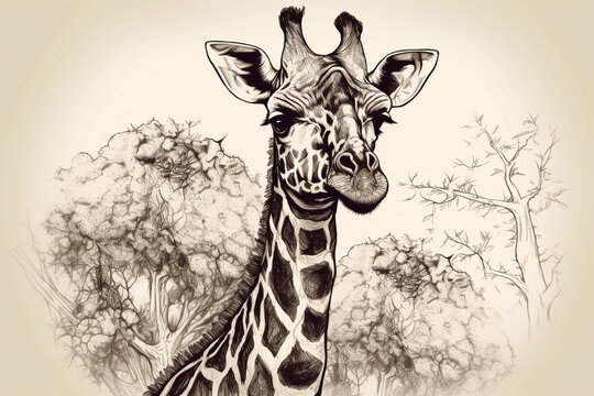 Hand drawn ink illustration of a giraffe in its natural habitat. Generative AI.
