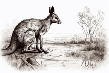 Hand drawn ink illustration of a kangaroo in its natural habitat. Generative AI.