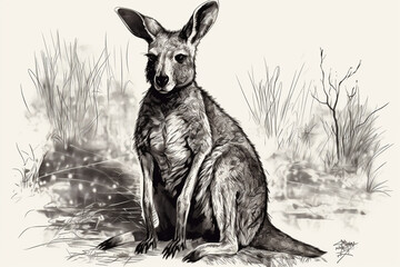 Hand drawn ink illustration of a kangaroo in its natural habitat. Generative AI.