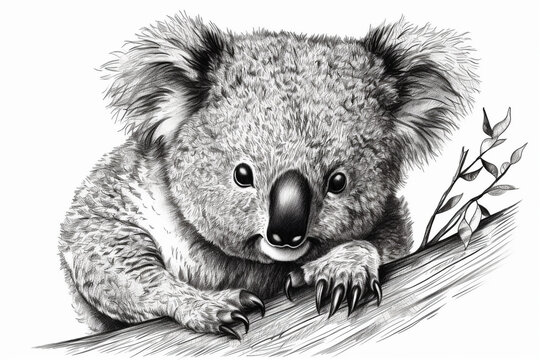 Hand drawn ink illustration of a koala bear in its natural habitat. Generative AI.