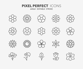 Set of flowers, thin line icons. Editable vector stroke. 64x64 Pixel Perfect.