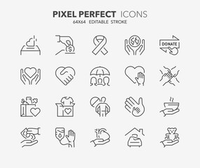 Set of charity and donations, thin line icons. Editable vector stroke. 64x64 Pixel Perfect.