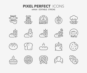 Set of bakery and breads, thin line icons. Editable vector stroke. 64x64 Pixel Perfect.