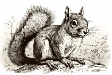 Fotobehang Hand drawn ink illustration of a squirrel in its natural habitat. Generative AI. © Mihai Zaharia