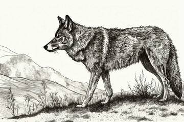 Hand drawn ink illustration of a wolf in its natural habitat. Generative AI.