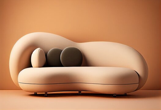 Modern Curved Sofa On A Monochrome Beige Background. Generative AI