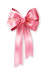 Decorative pink silk realistic bow with vertical ribbons.