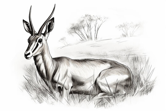 Hand drawn ink illustration of an antilope in its natural habitat. Generative AI.